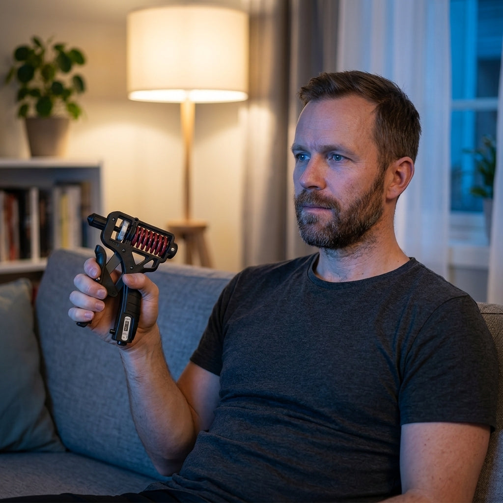 Trening med HandGrip på sofaen